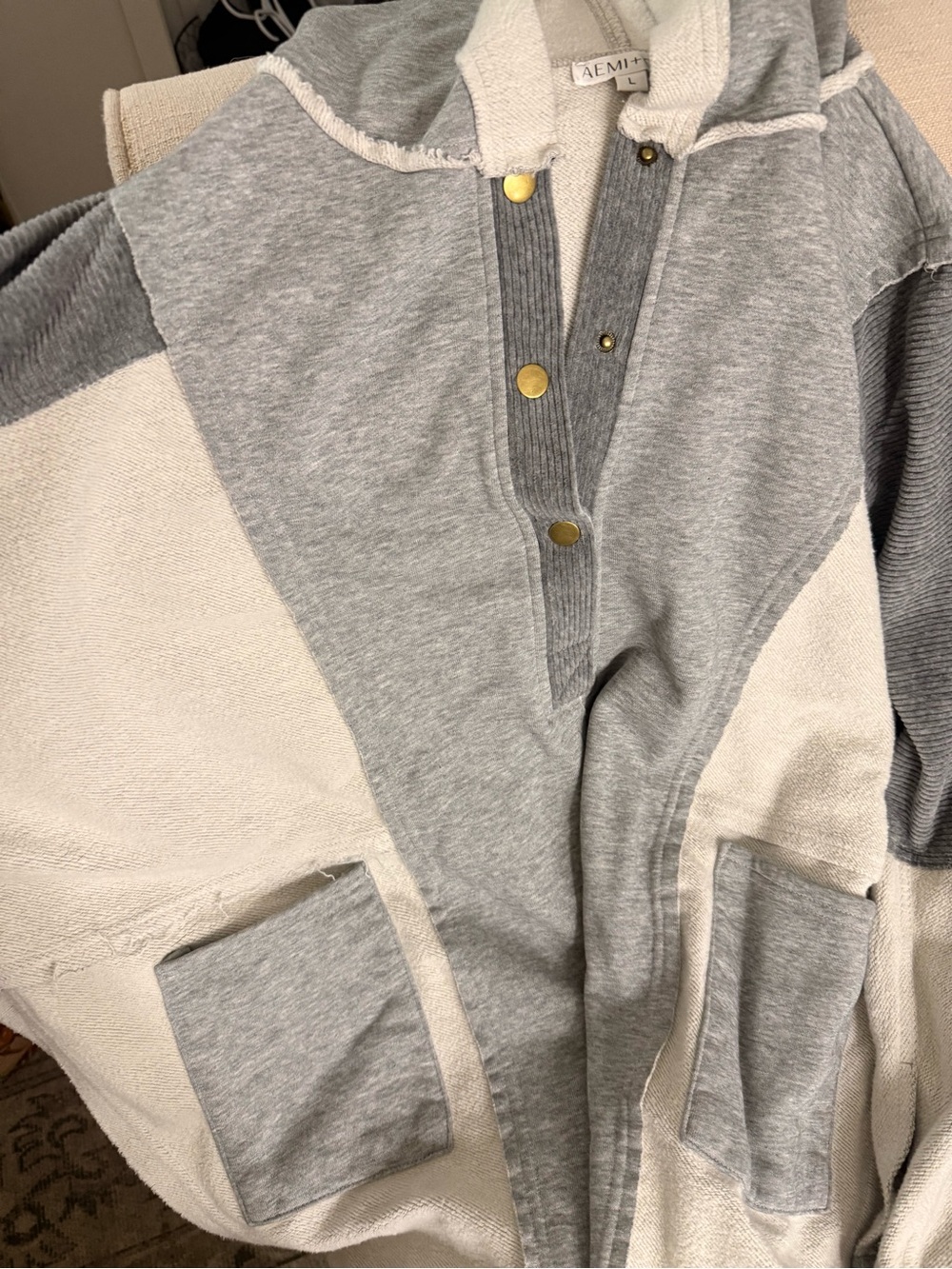 Women's Gray and Cream Colorblock Hooded Pullover - Picture 4 of 4